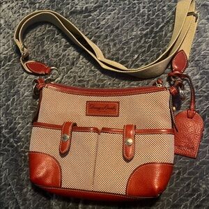 Dooney & Bourke Red and Tan Crossbody travel houndstooth canvas Lucy Bag